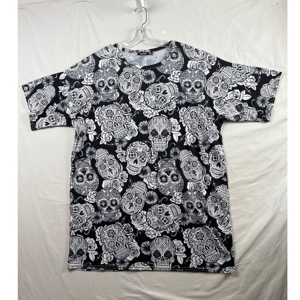 Boohoo T-Shirt Dress Sugar Skull Graphic Women 18 Black White Gothic Oversized